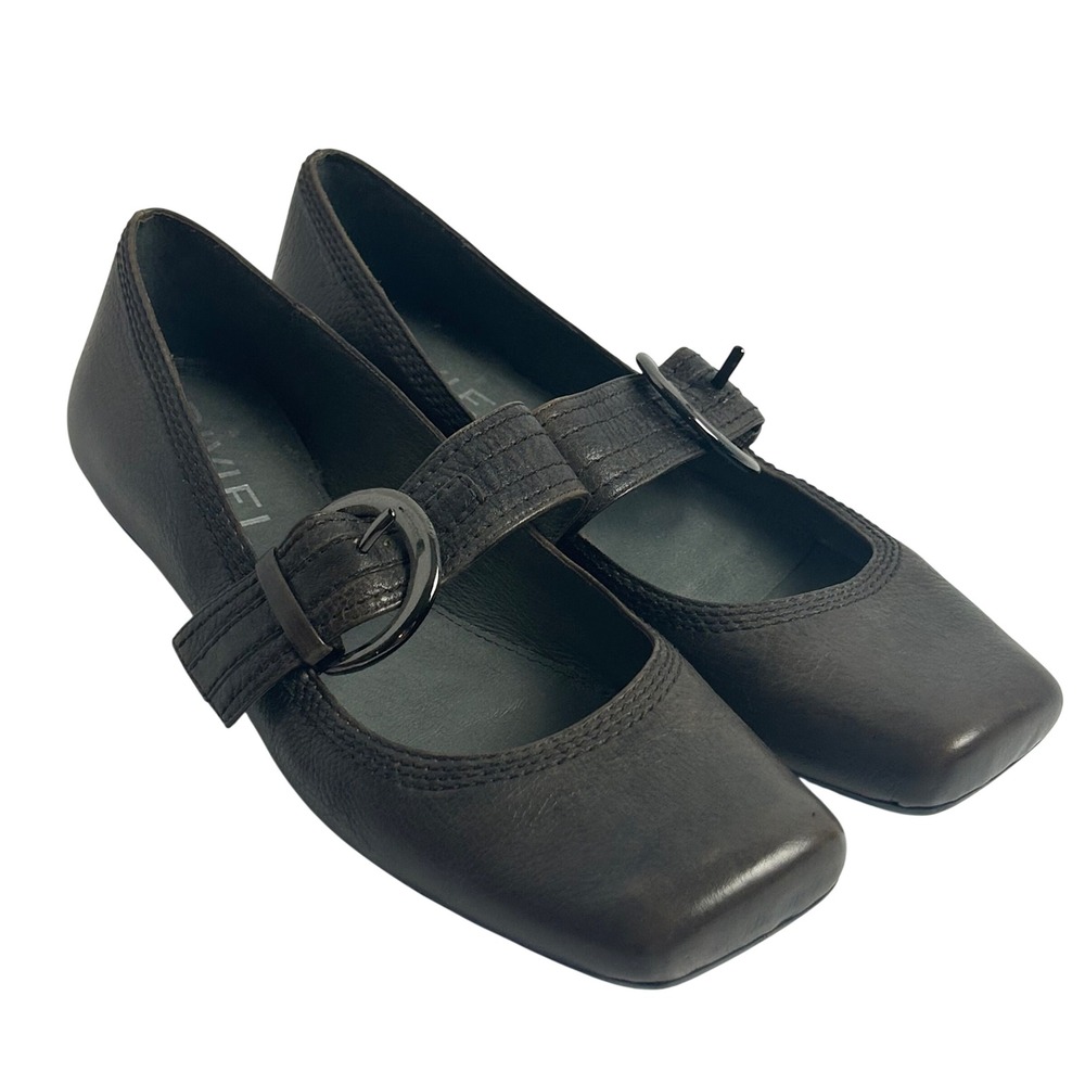 Biviel Dark Brown Leather Square Toe Mary Jane Buckle Flats Womens 39 EU
